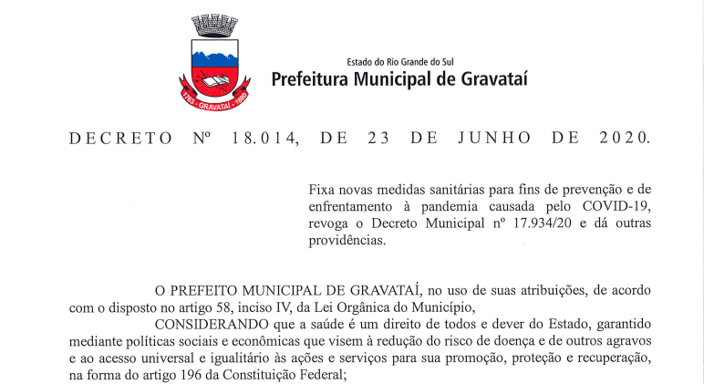Publicado decreto que regula e suspende atividades por conta da bandeira vermelha em Gravataí