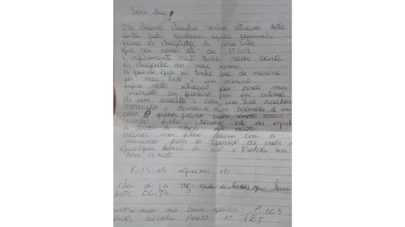 Viúva e a espera do 11ª filho, mãe escreve carta pedindo ajuda em Gravataí