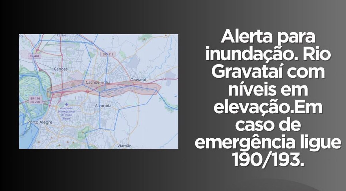 Defesa Civil do RS faz novo alerta de inundação por conta da cheia do Rio Gravataí
